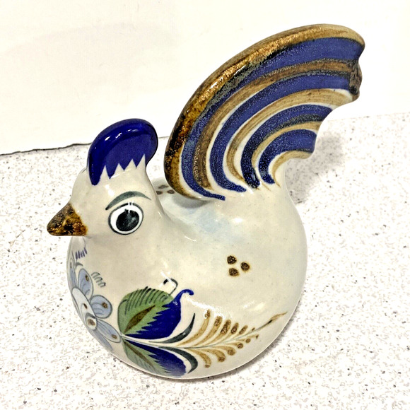 Vintage Tonala Art Pottery Chicken Bird Figure Figurine Blue Brown Green Floral - Picture 8 of 11